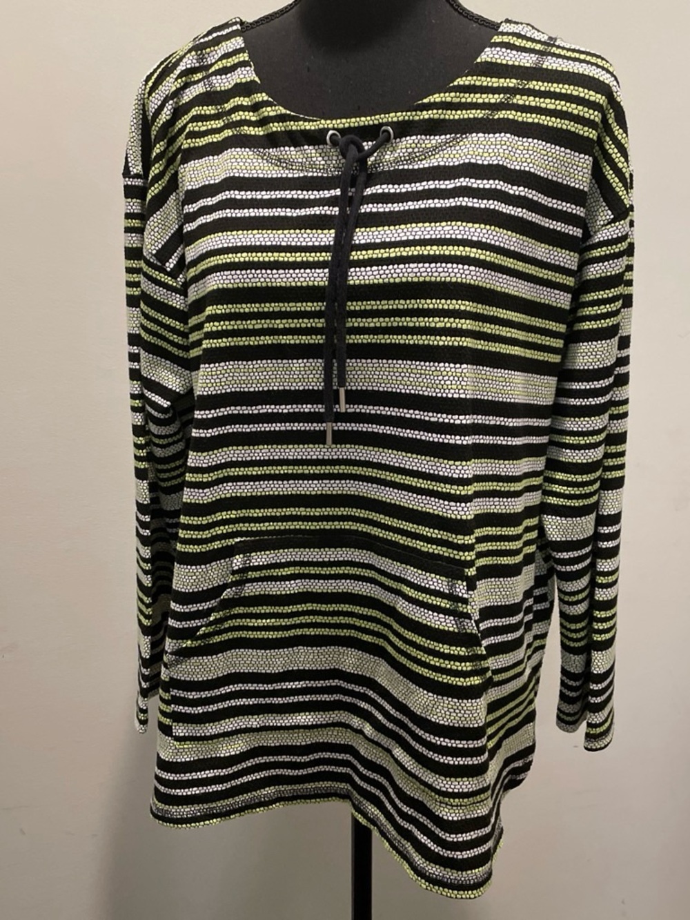 Ruby Rd Sporty Pullover Sweatshirt Size L Black Neon Striped Athleisure Relaxed